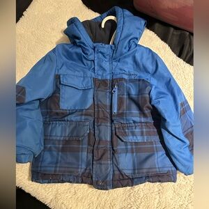 London Fog puffer coat plaid blue black winter hood zipper front jacket